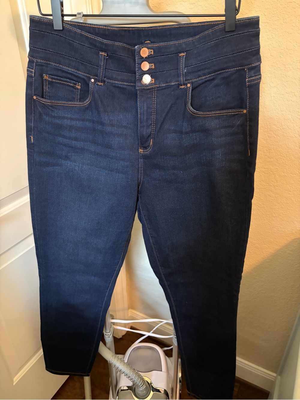 Ann Taylor Skinny Jeans in Dark Blue Wash with Triple-Button Front - Tall